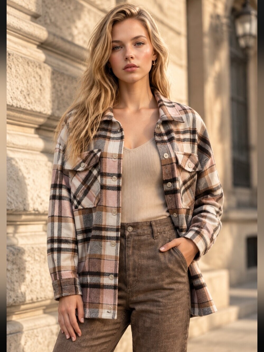 Women's Pastel Plaid Flannel Shacket Jacket Size Large New Without Tags